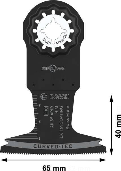 Multifunktionssägeblatt mit Starlock-Aufnahme von Bosch, 40 mm Breite, 65 mm Tiefe, für verschiedene Materialien geeignet.