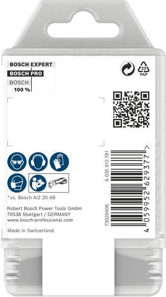 Verpackung eines Bosch Pro Werkzeugs. Enthält Symbole zur Illustration der Anwendungsmöglichkeiten. QR-Code und Recycling-Symbol oben.