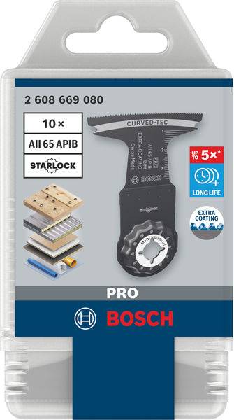 Verpackung von Bosch Pro Starlock-Sägeblatt, geeignet für Holz, Metall und Kunststoff, mit langer Lebensdauer und spezieller Beschichtung.