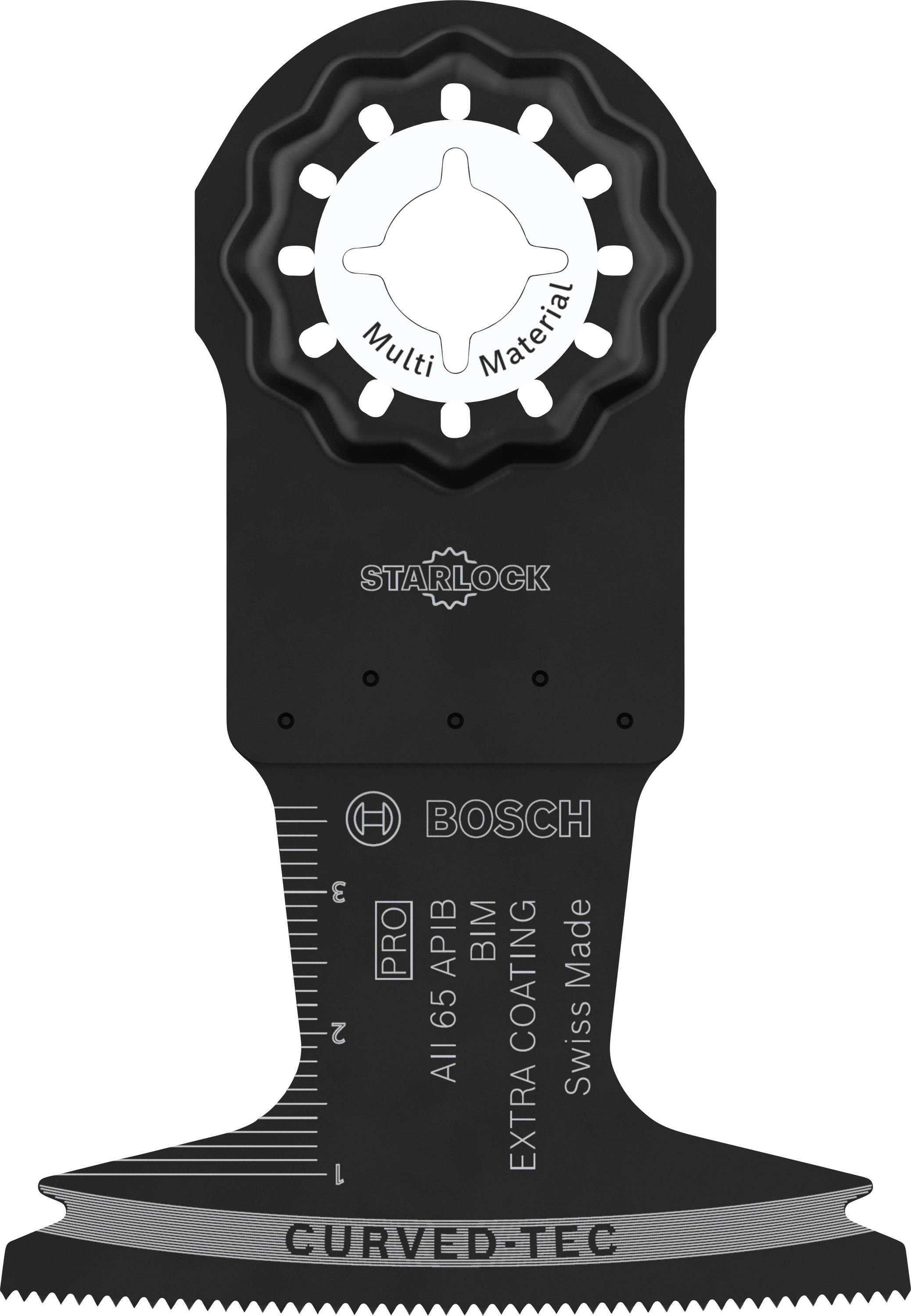 Schwarz-graues Bosch Starlock Sägeblatt, speziell für Multi-Materialien, mit Maßangaben auf der linken Seite und 'CURVED-TEC' unten.