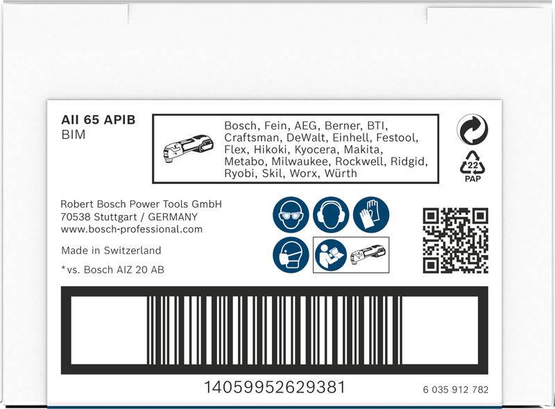 'All 65 APIB BIM'-Etikett mit Logos von Werkzeugmarken wie Bosch, Fein, AEG. QR-Code und Barcode unten. Hersteller: Robert Bosch Power Tools GmbH.