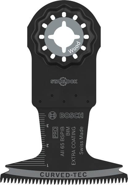Schwarz-graues Bosch Starlock Sägeblatt für Holzbearbeitung, mit Zahnreihe unten, Markierungen und Logos sichtbar. Swiss Made.