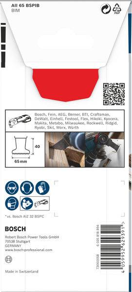 Verpackung eines Bosch Universal-Sägeblatts. Zeigt kompatible Marken und Werkzeuganwendung. QR-Code und 65 mm Schnittbreite.