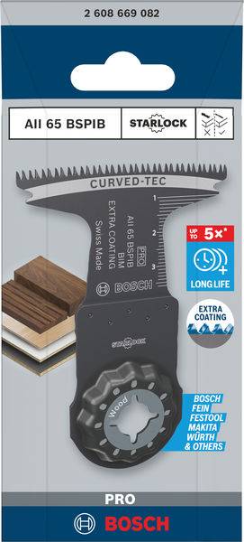 Verpackung eines Bosch Starlock Sägeblatts. Geeignet für Holz, Made in Swiss. Hinweise auf 5-fache Lebensdauer und extra Beschichtung.