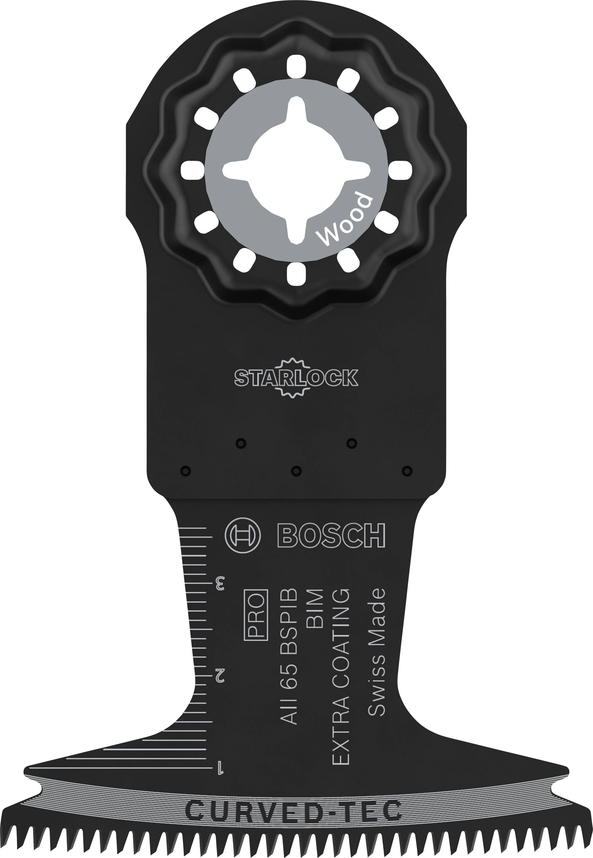 Schwarzes Sägeblatt von Bosch mit STARLOCK-Befestigung, speziell für Holz. Es hat eine Skala und die Aufschrift 'EXTRA COATING'.