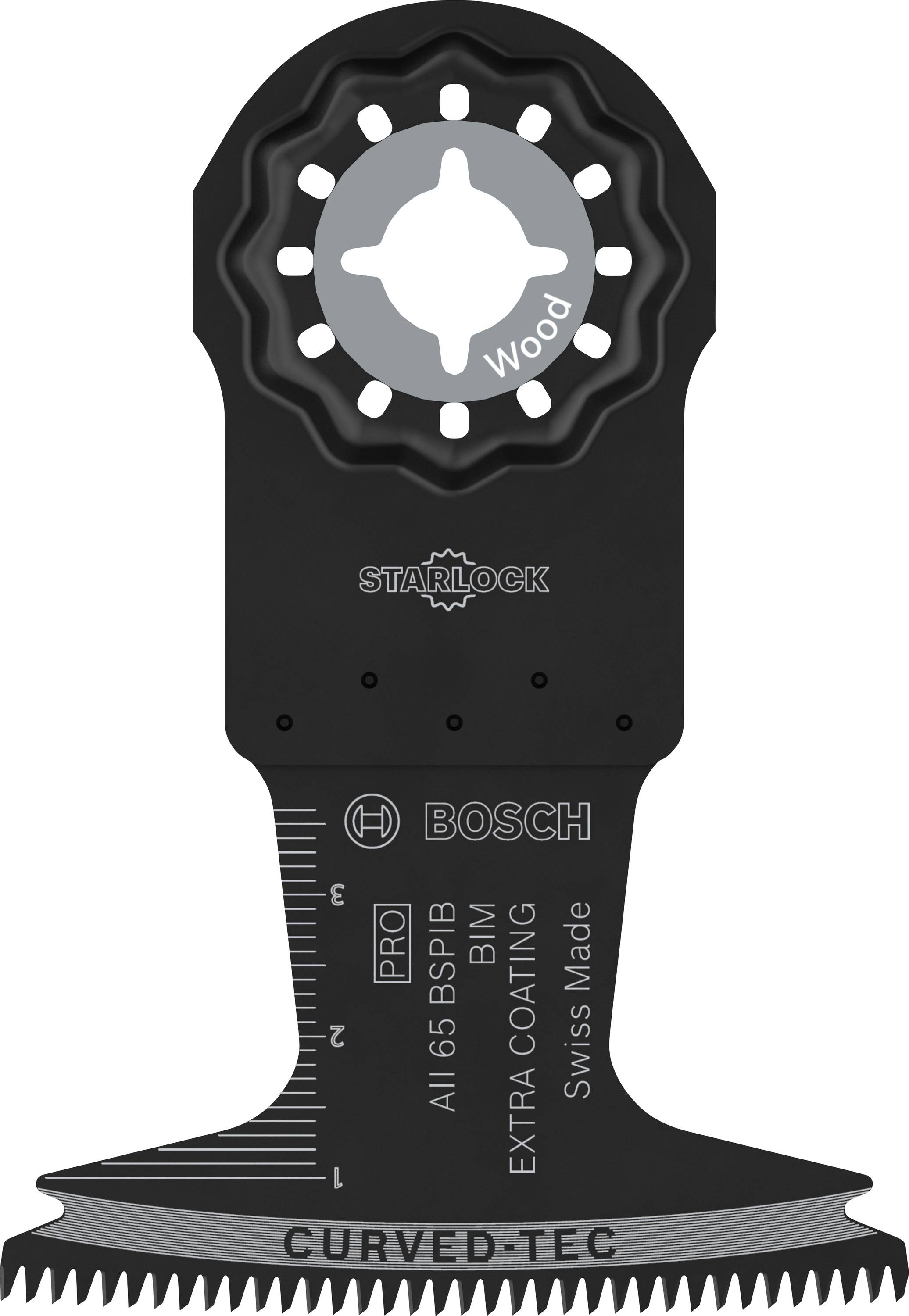 Schwarzes, gezacktes Sägeblatt von Bosch mit Starlock-Aufnahme für Holz, metrischer Skala und Aufschrift 'EXTRA COATING'. Swiss Made.