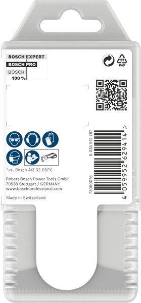 Verpackungsrückseite eines Bosch Expert Sägeblatts. Zeigt Produktinformationen, QR-Code und Symbole für Anwendungsbereiche. Made in Switzerland.