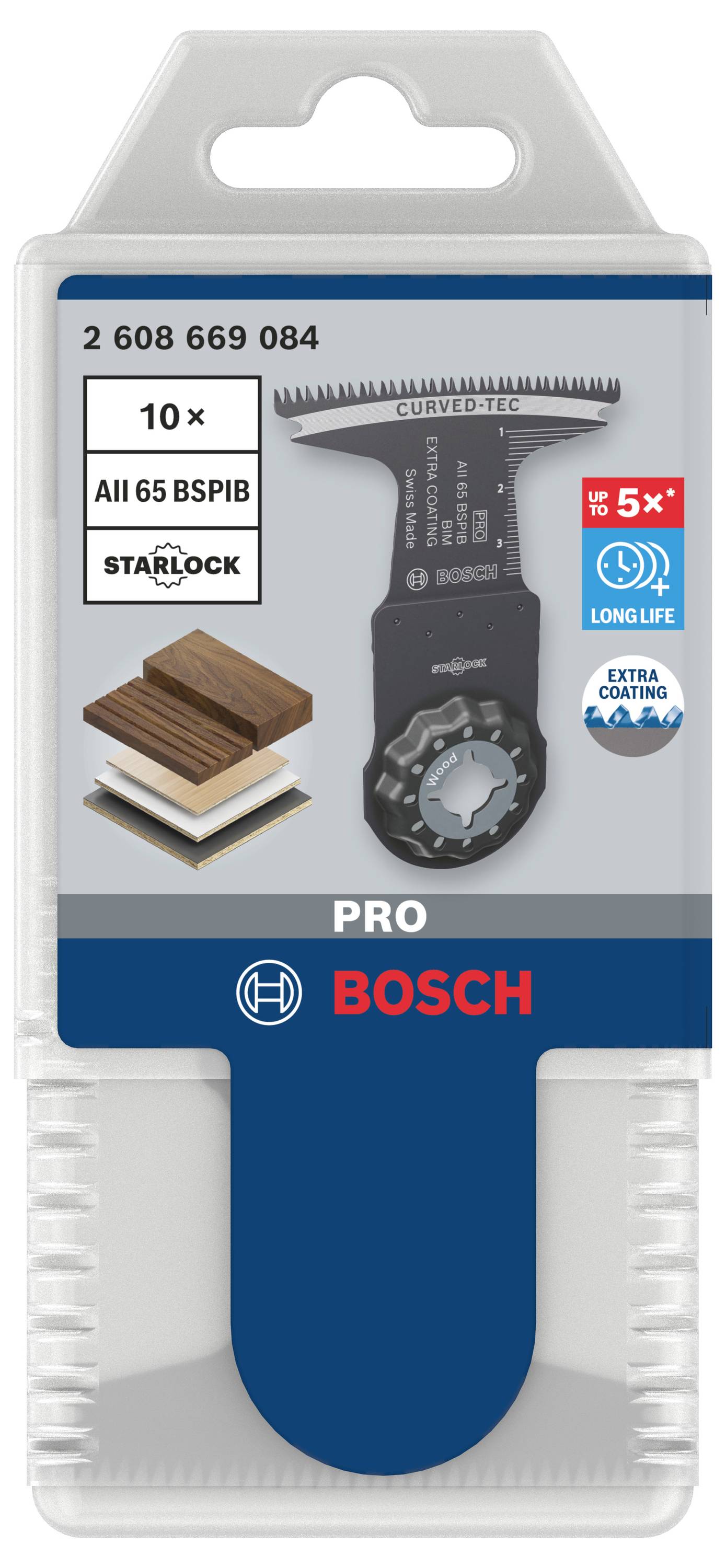 Sägeblatt für Multifunktionswerkzeug, geeignet für Holz, Metall und Kunststoff, Verpackung zeigt Marke Bosch und Typ AII 65 BSPB.