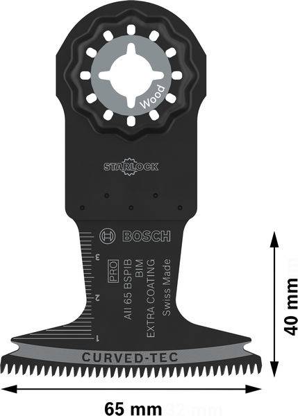 Abgebildet ist ein Bosch Starlock Sägeblatt mit der Aufschrift 'Wood' für Holzschnitte. Maße: 65 mm Breite, 40 mm Höhe.