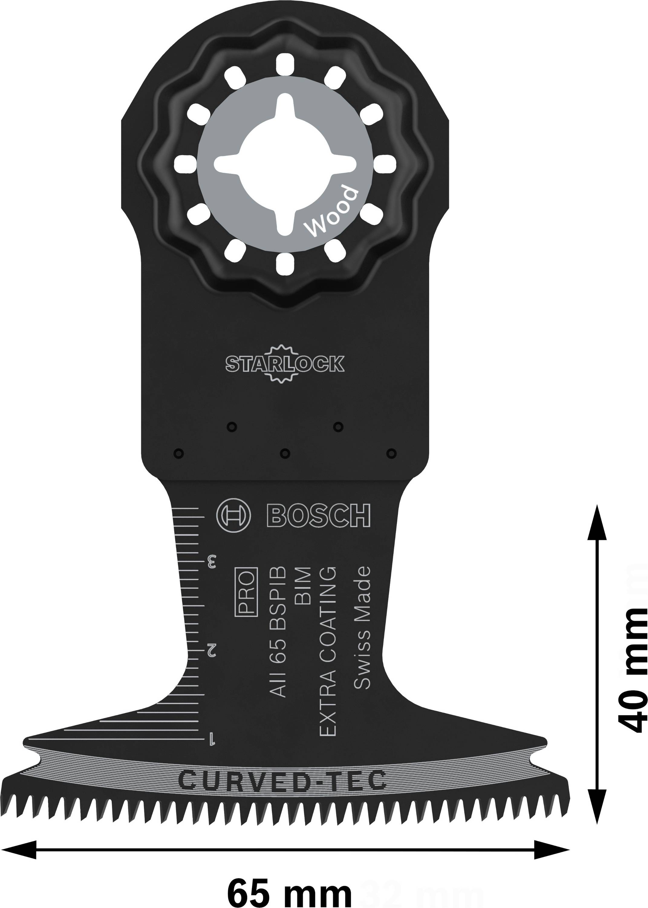 Multitool-Sägeblatt von Bosch, geeignet für Holz, mit Maßen von 65 mm Breite und 40 mm Höhe. Beschriftung: 'Starlock' und 'Curved-Tec'.