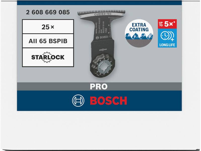 Ein Bosch Starlock Sägeblatt mit der Bezeichnung '25× AII 65 BSPIB', gekennzeichnet mit 'PRO'. Es hat eine spezielle Beschichtung, die Langlebigkeit verspricht.