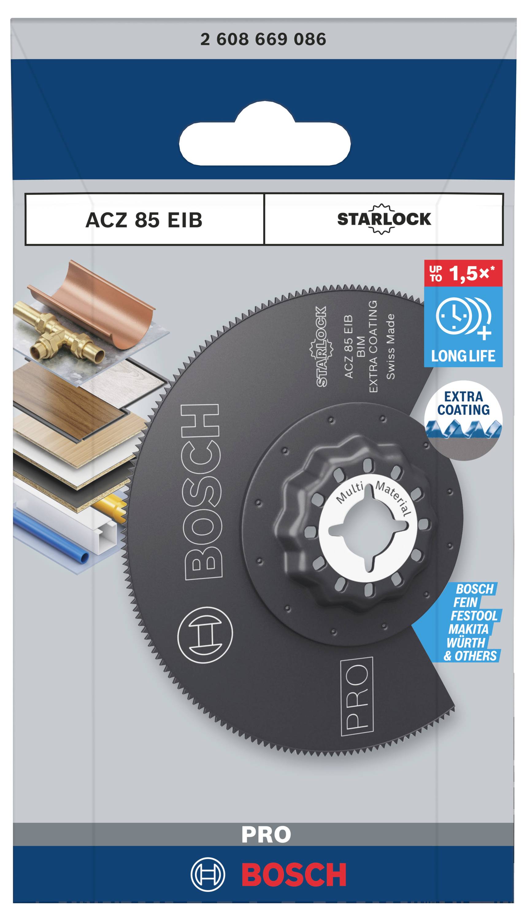 Kreissägeblatt-Verpackung von Bosch mit Starlock-Aufnahme. Geeignet für Holz, Metall, Kunststoff; lange Lebensdauer hervorgehoben.