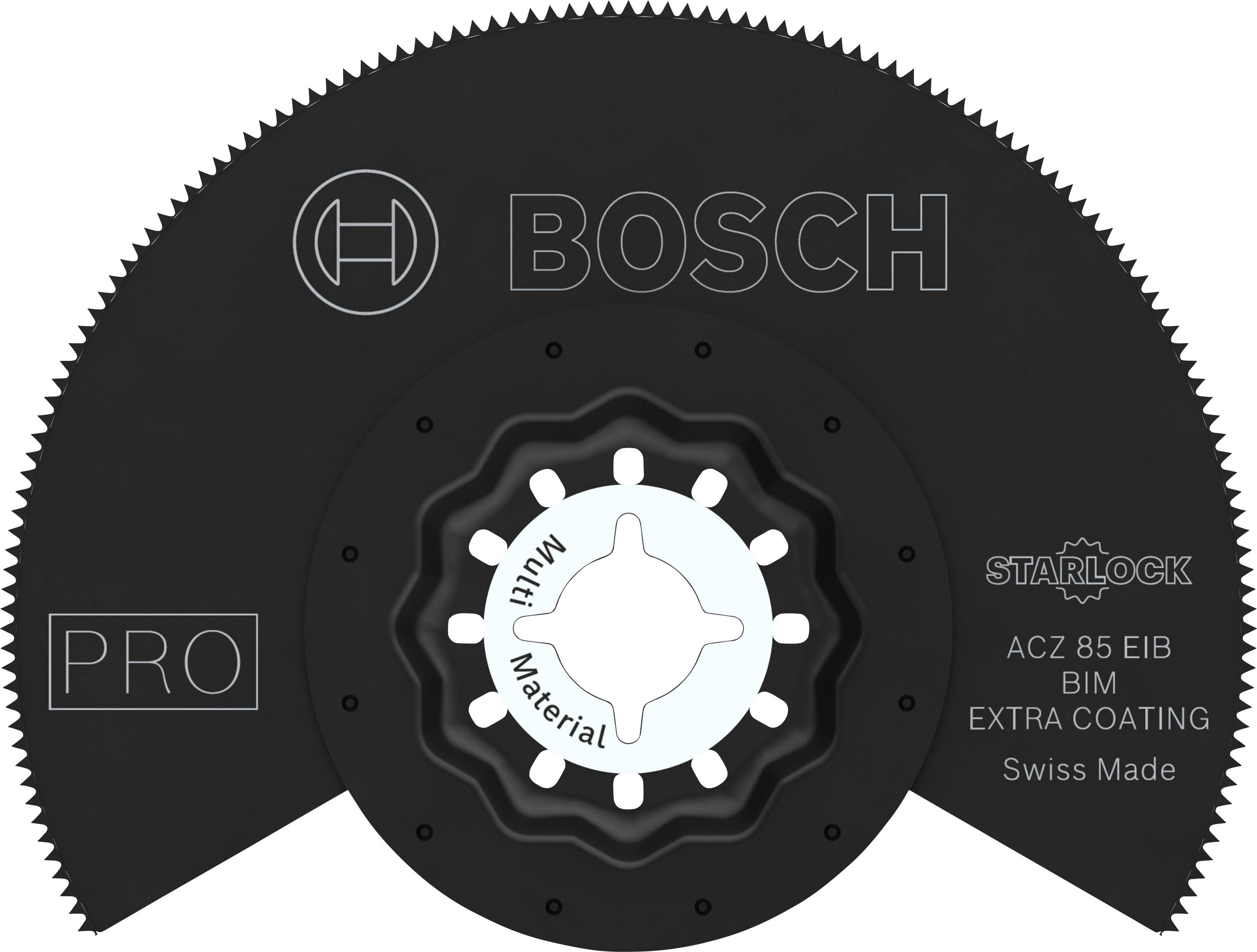 Ein schwarzes Bosch-Starlock-Sägeblatt mit welligem Rand, beschriftet mit 'PRO', 'ACZ 85 EIB BIM EXTRA COATING', 'Swiss Made'.