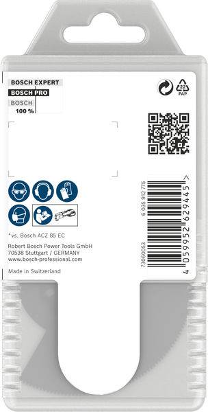 'Bosch Expert' Sägeblattverpackung mit QR-Code und Barcode. Informationen zur Herkunft: Hergestellt in der Schweiz von Bosch Pro.
