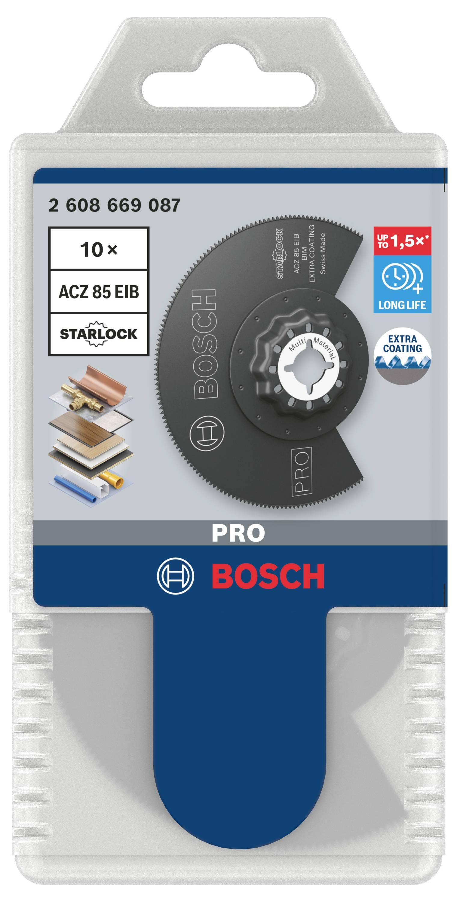 Verpackung eines Bosch Starlock Säbelsägeblatts. Links Illustrationen zur Materialverwendung: Holz, Gips. Rechts Logo für lange Lebensdauer.