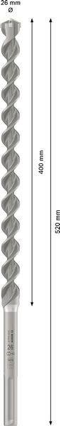 Bild eines Bohrers mit Maßen: Länge 850 mm, Arbeitslänge 400 mm, Durchmesser 26,5 mm.