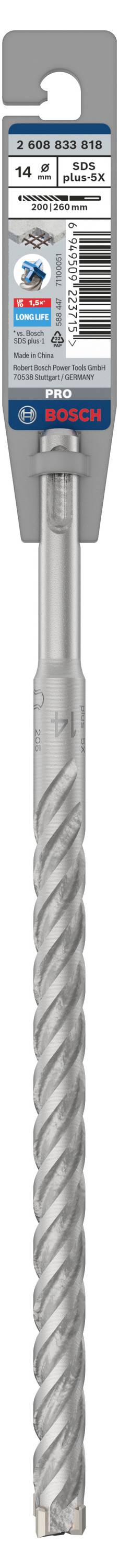 Bohrer von Bosch mit spiralförmigem Design und Verpackung. Geeignet für Beton, 12 mm Durchmesser, SDS-plus Aufnahme.