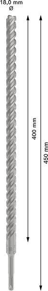 Bohrer mit 18,0 mm Durchmesser, Gesamtlänge von 465 mm, Nutzungslänge von 400 mm.