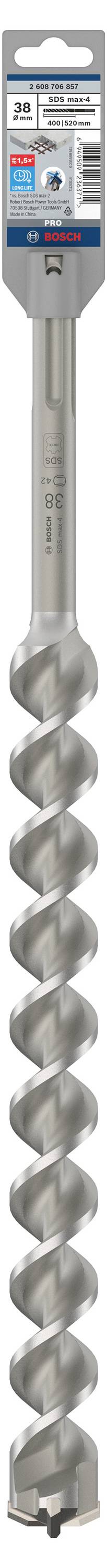 Bauwerkbohrer mit grauem Spiraldesign und Verpackung mit Produktdetails oben.