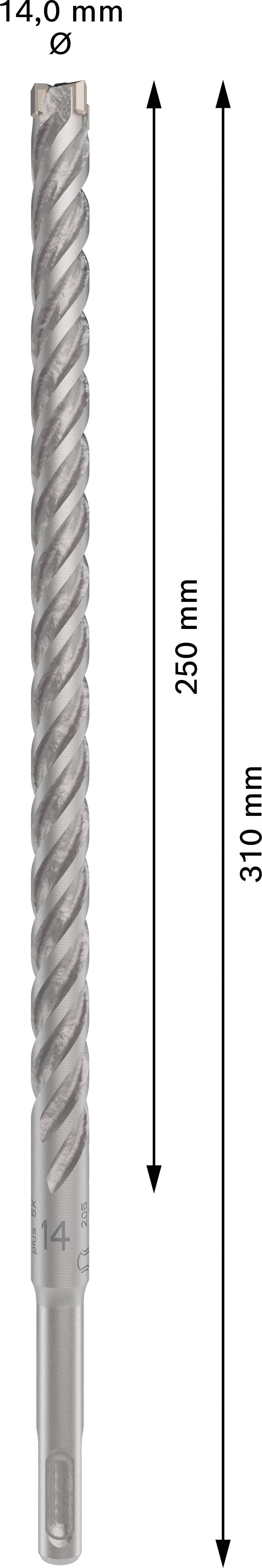 Bohrer mit einer Länge von 310 mm und einem Durchmesser von 14 mm, zeigt die Spiralstruktur zur Verbesserung der Bohrleistung.