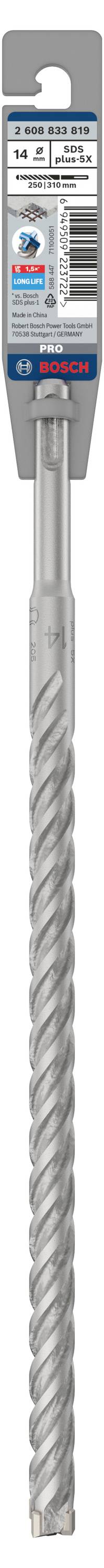 Ein silberner Bohrer in der Verpackung. Schrift auf der Verpackung gibt Bohrergröße und Herstellerinformationen an.