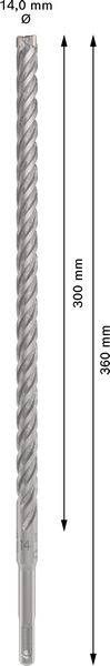 'Bohrer' mit 14 mm Durchmesser, 300 mm Arbeitslänge, 365 mm Gesamtlänge. Spiraldesign sichtbar.