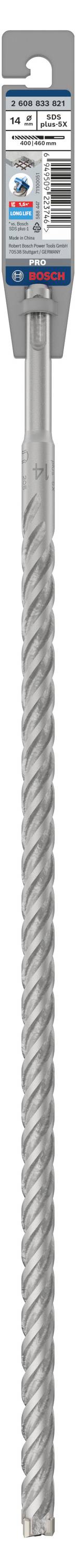 Ein Bohrer mit einem spiralförmigen Schaft und einer Verpackung, die Spezifikationen und Markeninformationen zeigt.