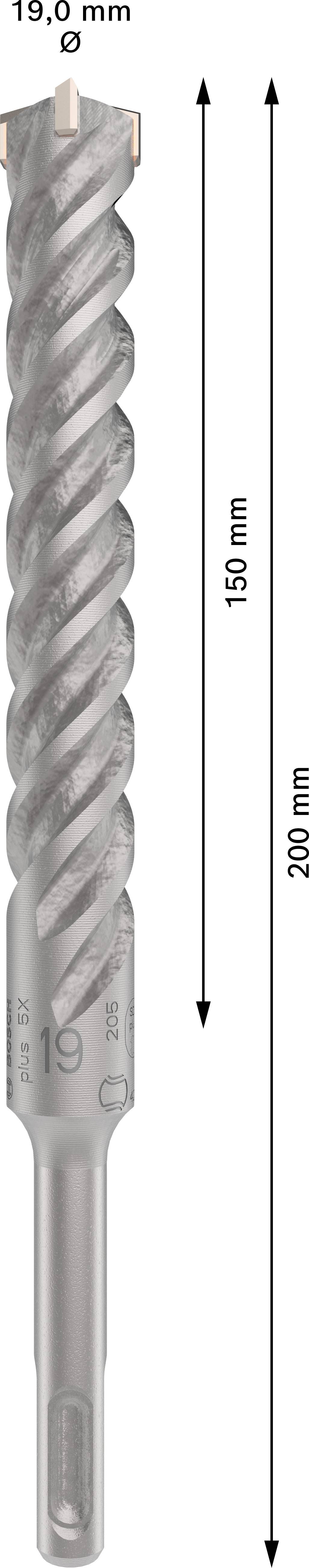 SDS-plus Hammerbohrer mit Spiralmuster, Gesamtlänge 200 mm, Arbeitslänge 150 mm, Durchmesser 19,0 mm.