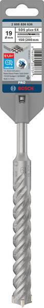 Bohrer der Marke Bosch, Durchmesser: 19 mm, Länge: 200 mm, SDS-plus, eignet sich für Beton und Stahlbeton, Verpackungsdesign sichtbar.