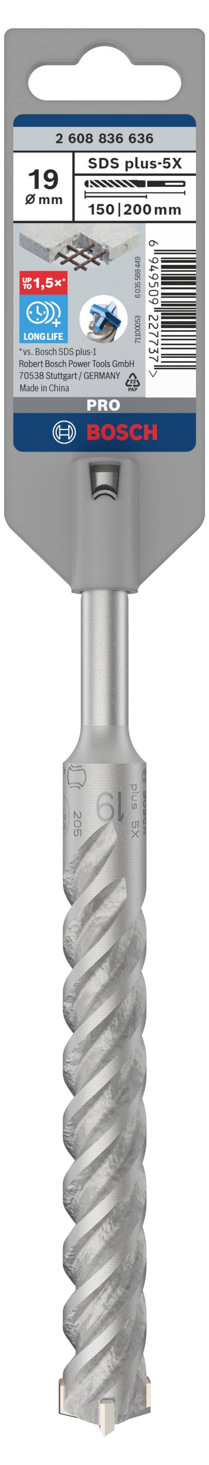 Bohrer von Bosch für Beton, 19 mm Durchmesser, 210/150 mm Länge, SDS max-4, in grauer Verpackung.