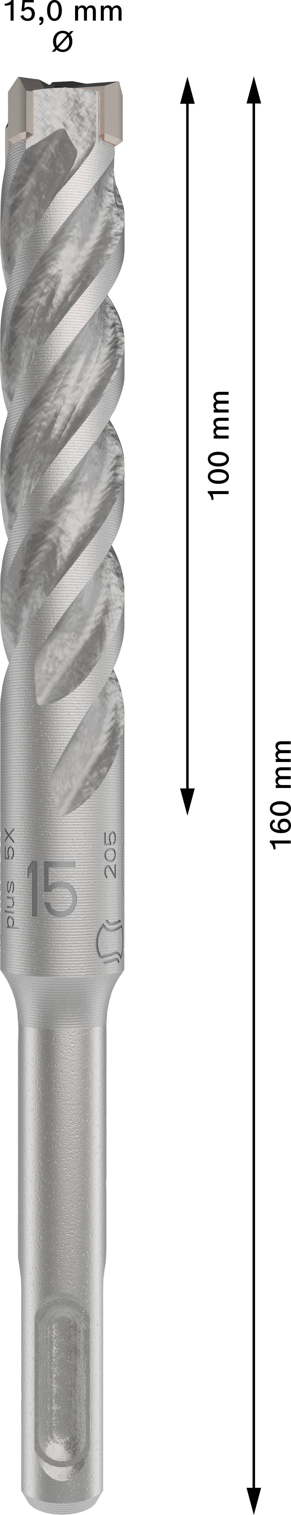 Bohrer mit 16 cm Gesamtlänge und 1,5 cm Durchmesser, spiralförmiges Design, Pfeile zeigen 10 cm nutzbare Länge an.