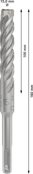 Bohrer mit spiraligen Rillen, 15,6 mm Durchmesser, Gesamtlänge 160 mm, Arbeitslänge 100 mm.