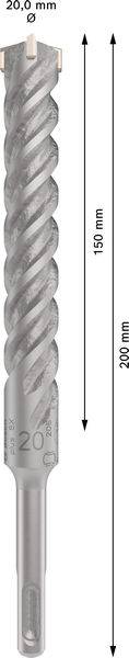 SDS-Plus-Bohrer mit 20,0 mm Durchmesser und 200 mm Länge. Die effektive Bohrlänge beträgt 150 mm.