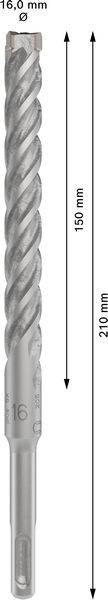 Bohrer mit einem Durchmesser von 16 mm und einer Gesamtlänge von 210 mm. Sichtbar sind auch die Bohrlänge von 150 mm.