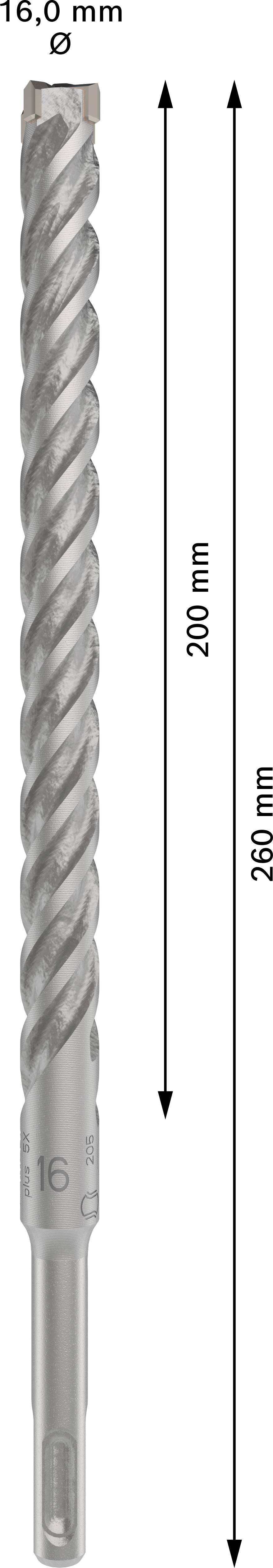 Bohrer mit 16 mm Durchmesser und 280 mm Länge, inklusive 200 mm Nutzlänge, dargestellt mit Pfeilen zur Veranschaulichung der Maße.