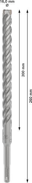 Bohrer mit SDS-plus-Schaft, Durchmesser 16,0 mm, Gesamtlänge 260 mm, Arbeitslänge 200 mm, in vertikaler Ausrichtung.