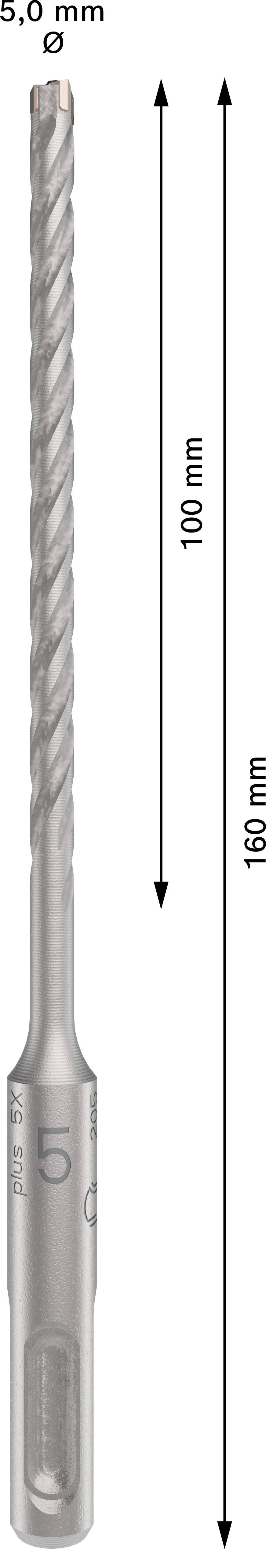 Darstellung eines Bohrers mit 5 mm Durchmesser, Länge 160 mm, Arbeitslänge 100 mm.