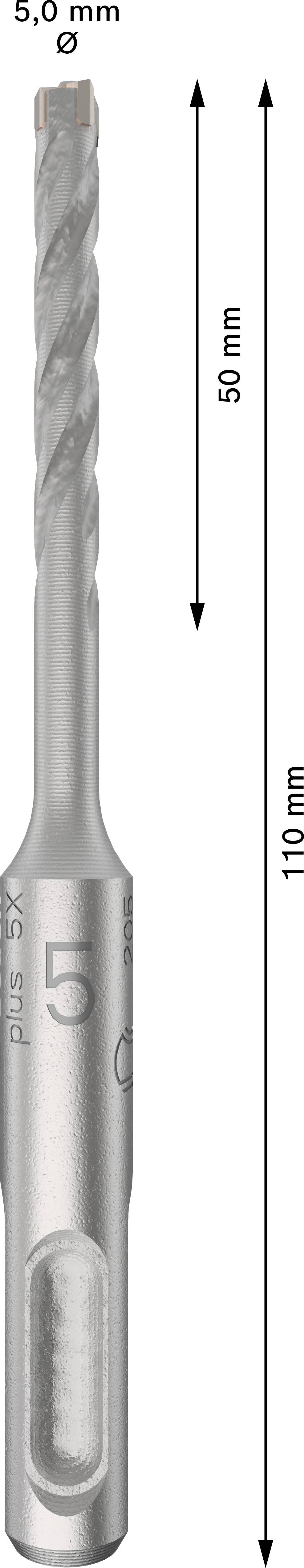 Bohraufsatz mit 5 mm Durchmesser und Gesamtlänge von 110 mm. Oberer Teil 50 mm lang, mit Spiralrillen.