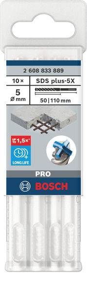 Verpackung eines Bosch SDS plus-5X Bohrer-Sets, 10 Stück, 5 mm Durchmesser, 50/110 mm Länge, mit Betonabbildung und Hinweis auf Langlebigkeit.