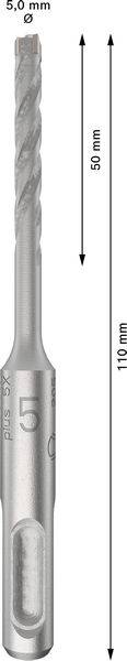 Bohrer 5,0 mm Durchmesser, 110 mm Gesamtlänge, 50 mm nutzbare Länge. Silbernes Metall, spiralige Nut, zylindrischer Schaft.