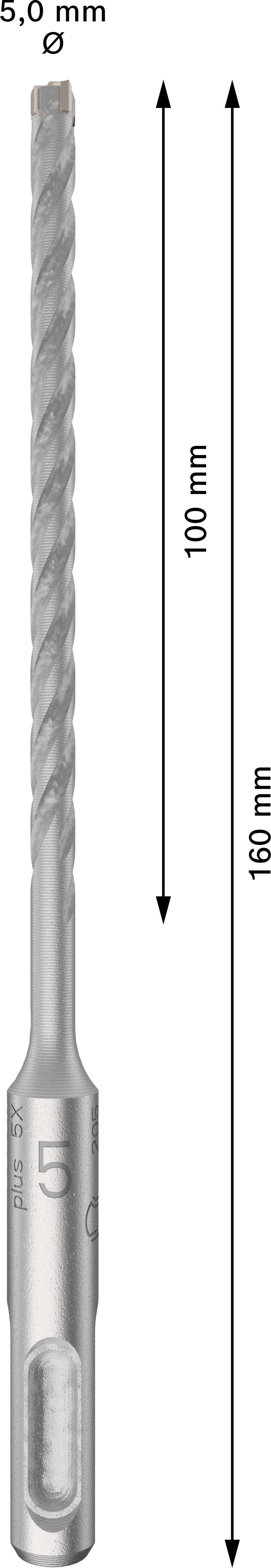 Bohrer mit 5,0 mm Durchmesser und 160 mm Länge, spiralförmiger Schaft und SDS-Plus-Aufnahme.