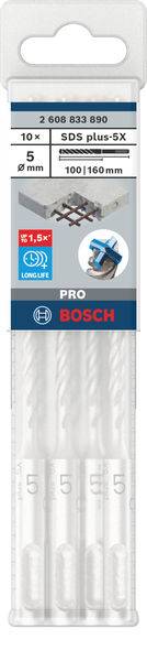 Bosch Pro SDS plus-5X Bohrer, 5 mm Durchmesser, Packung mit 10 Stück, geeignet für Betonbohrungen, Gesamtgröße 100x160 mm.