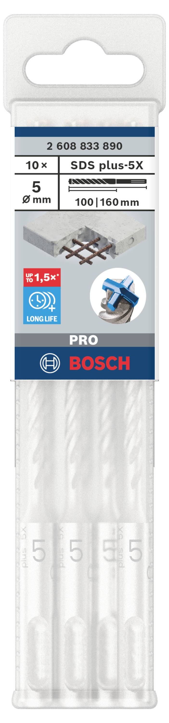 Verpackung mit 10 Bosch SDS plus-5X Bohrern, 5 mm Durchmesser, 100/160 mm Länge. Lang lebe, geeignet für Betonbohrungen.
