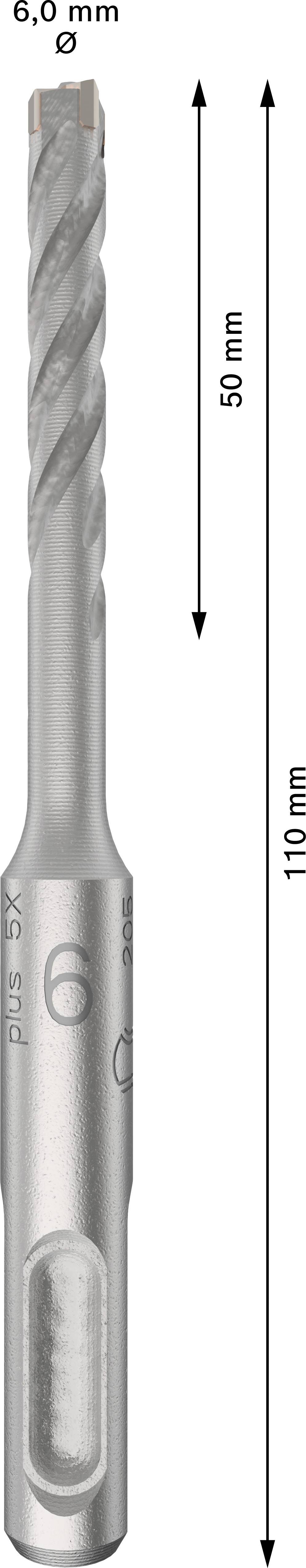 Bohrer mit 6 mm Durchmesser und 110 mm Länge. Er hat eine spiralförmige Bohrkante und Gravuren, die Maße und Typ anzeigen.