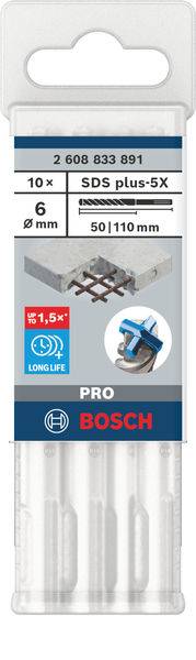 Verpackung eines Bosch SDS plus-5X Bohrersets, 10 Stück, Durchmesser 6 mm, Längen 50/110 mm. Abgebildet mit Betonbohrmaschine.
