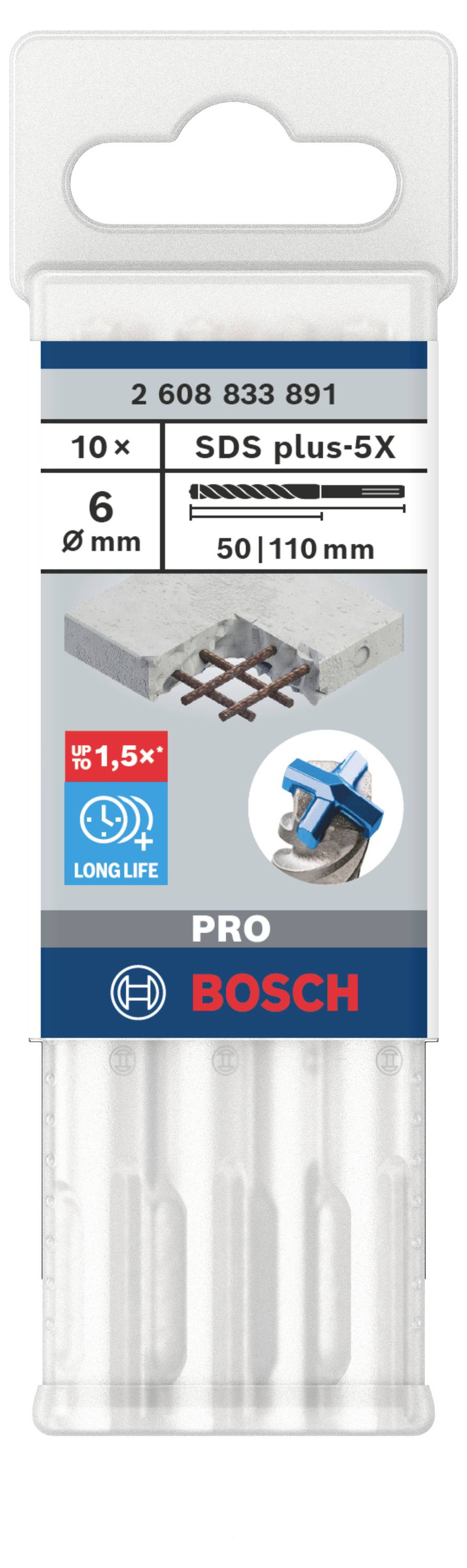 Verpackung mit 10 Bosch SDS plus-5X Bohrern, Durchmesser 6 mm, Länge 50/110 mm, für Beton geeignet. 1,5x längere Lebensdauer.