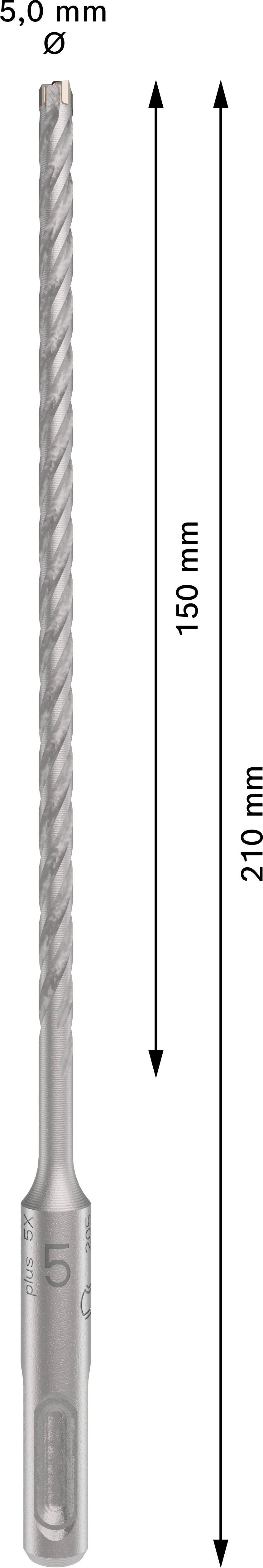 Bohrer mit 5,0 mm Durchmesser und Länge von 210 mm, davon 150 mm Bohrlänge.