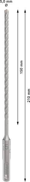 Bohrer mit 5 mm Durchmesser, 210 mm Länge. Markierungen zeigen 150 mm Nutzlänge. Spiralförmiges Design für effektives Bohren.