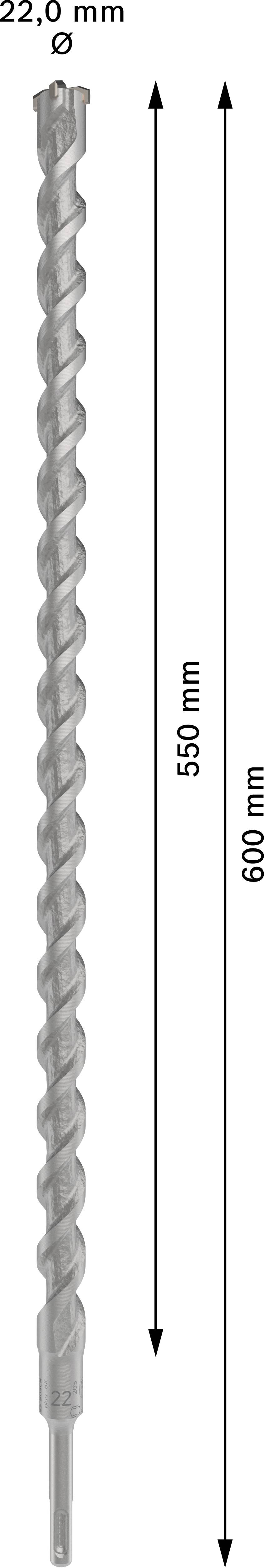 Bohrmaschinenbohrer mit Spiraldesign, Gesamtlänge 600 mm, Arbeitslänge 550 mm, Durchmesser 22,0 mm.