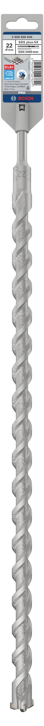 Grauer Bohrer mit spiralförmigem Design, oben ein Etikett mit Produktinformationen.